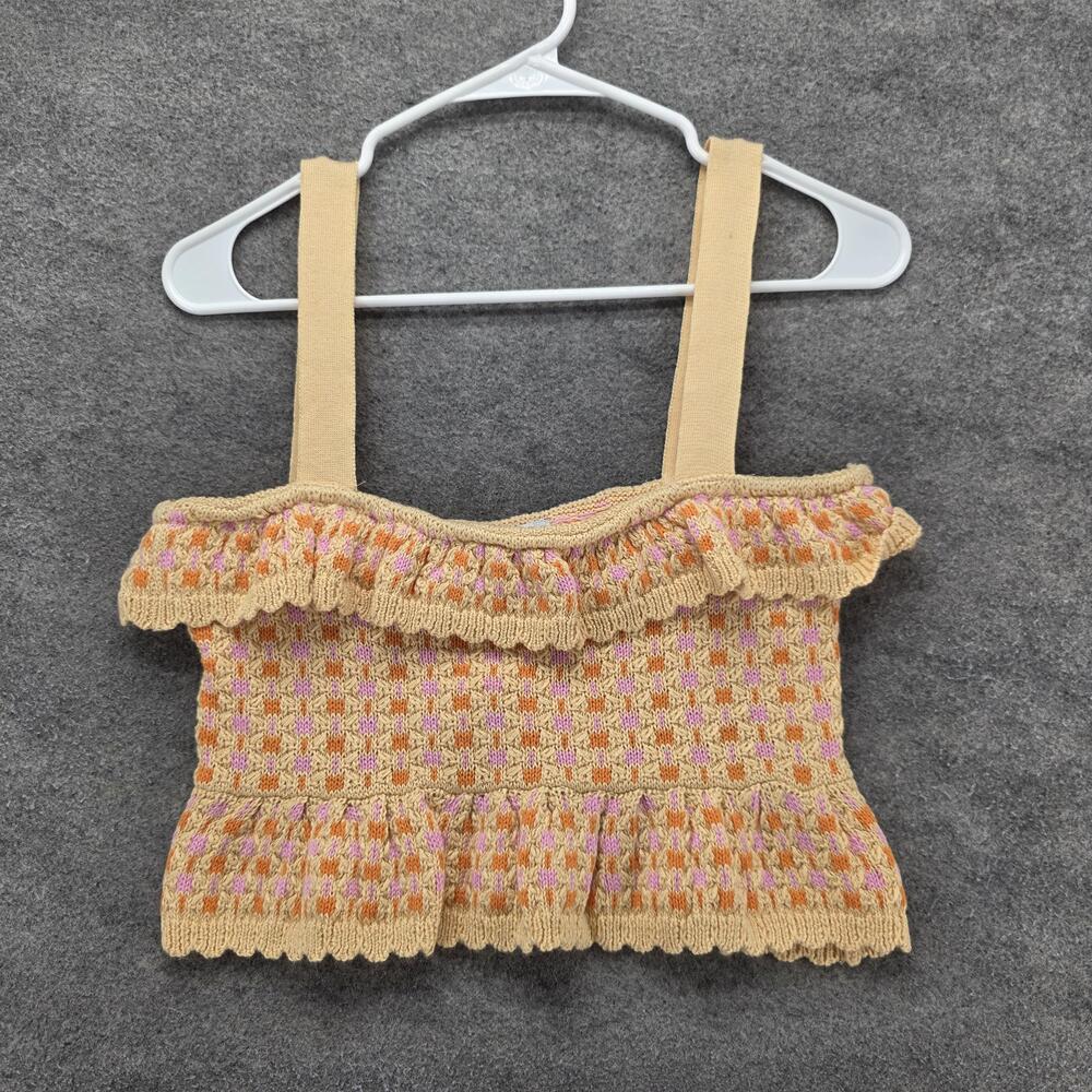 Zara Tank Top Womens Medium Beige Geometric Knit Ruffle Cropped Square Neck